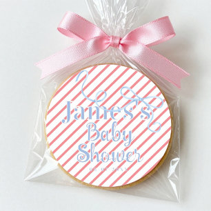 Sticker Rond Baby shower "Rayures rouges et ruban bleu clair"