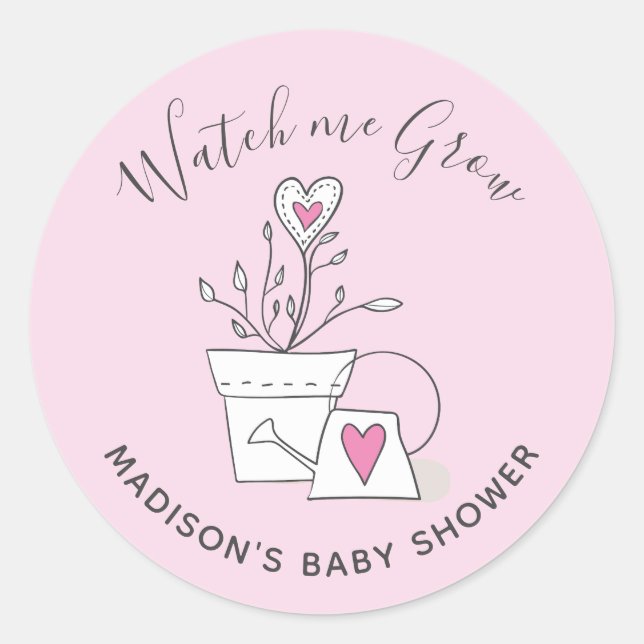 Sticker Rond Baby Shower Regarde-moi grandir Plante Cœur Rose (Devant)