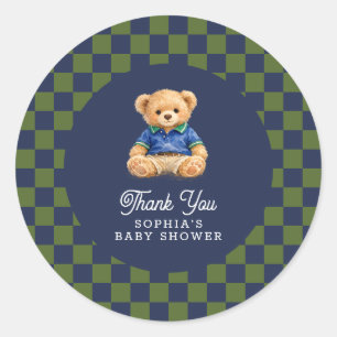 Sticker Rond Baby-Shower Rétro Ours en Peluche Damier