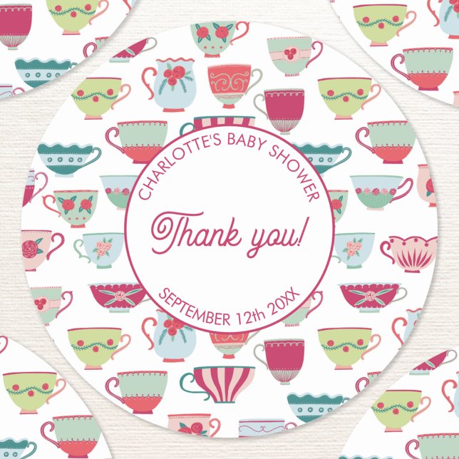 Sticker Rond Baby shower Retro Tea Party (Modern retro tea party baby shower thank you stickers)