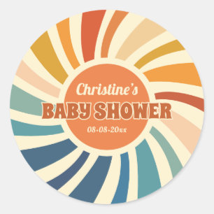 Sticker Rond Baby shower rétro Vintage Sun Rainbow