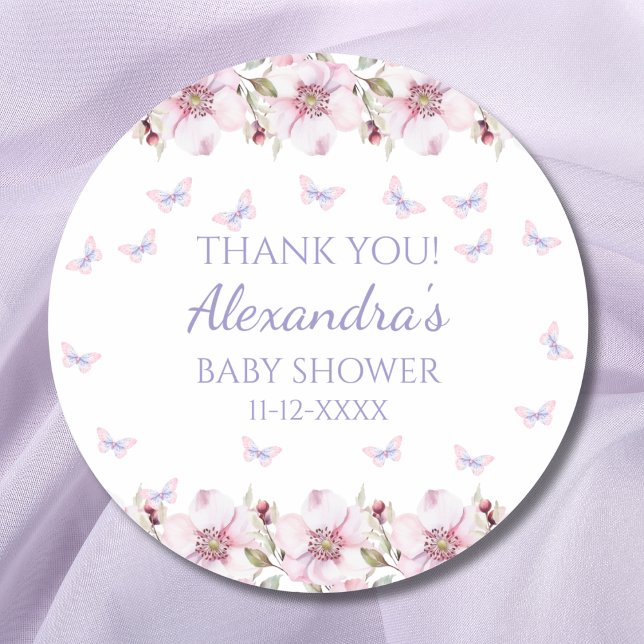Sticker Rond Baby shower rose à papillon floral Merci (Créateur téléchargé)