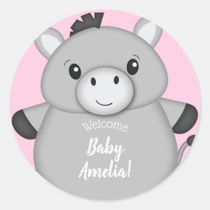 Sticker Rond Baby shower rose âne