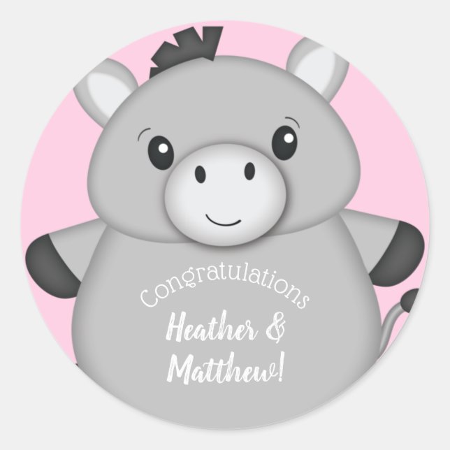 Sticker Rond Baby shower rose âne (Devant)