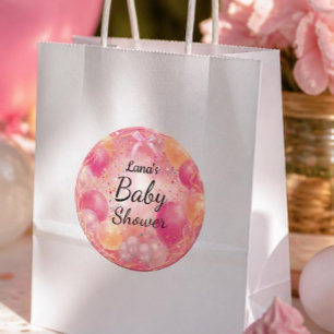 Sticker Rond Baby Shower Rose Élégant Ruban & Confettis