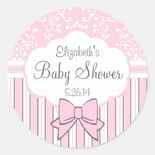 Sticker Rond Baby shower rose et blanc de damassé