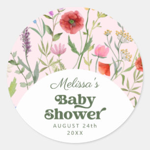 Sticker Rond Baby shower rose Fleur sauvage aquarelle