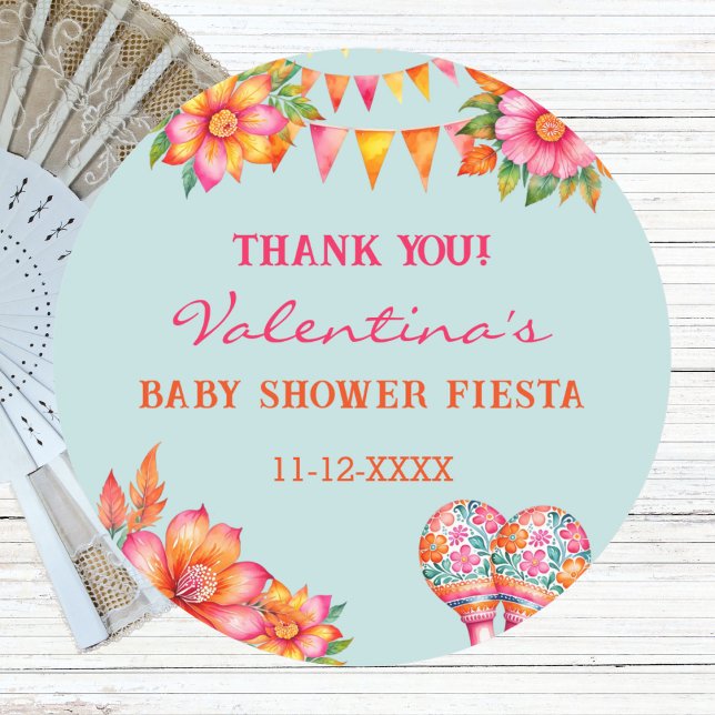 Sticker Rond Baby shower rose Floral bleu Fiesta  Merci (Créateur téléchargé)