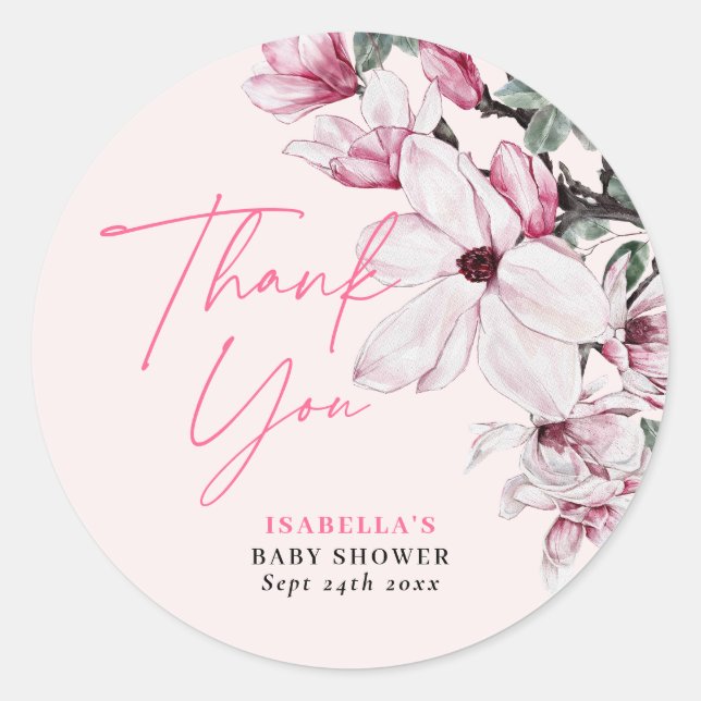 Sticker Rond Baby shower rose floral fille Merci (Devant)