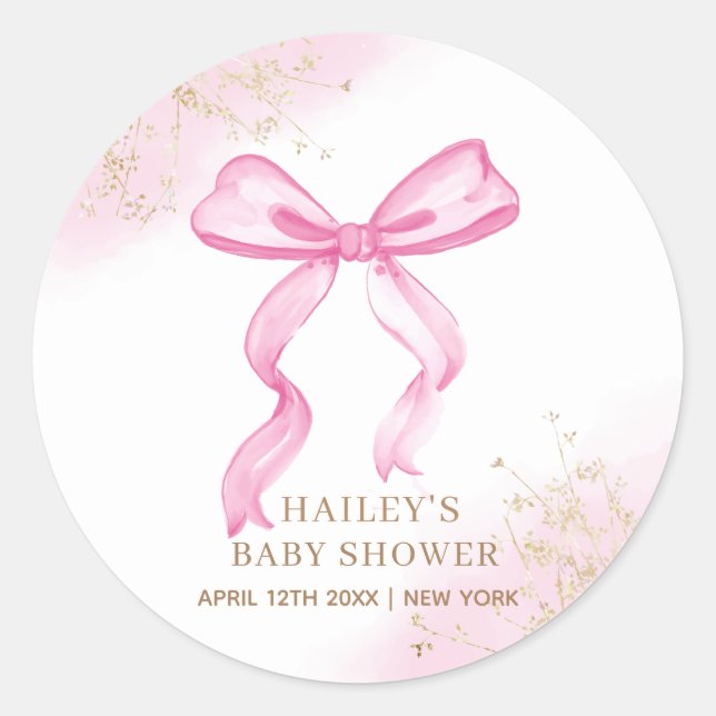 Sticker Rond Baby shower rose moderne élégant aquarelle Bow (Devant)
