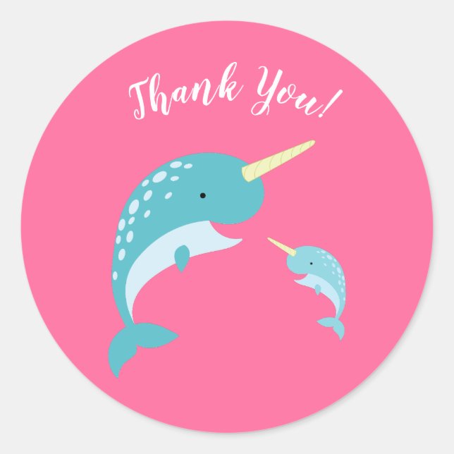 Sticker Rond Baby shower rose Narwhal (Devant)