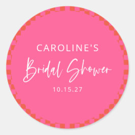 Sticker Rond Baby Shower Rose Orange Rétro Damier Mariage