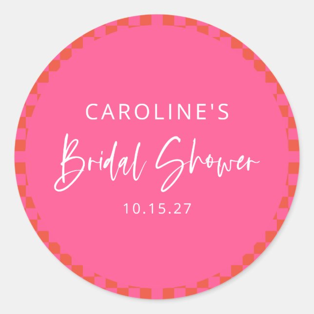 Sticker Rond Baby Shower Rose Orange Rétro Damier Mariée (Devant)
