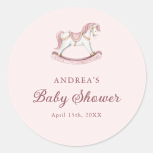 Sticker Rond Baby Shower Rose Pâle Carrousel Fille