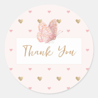 Sticker Rond Baby shower rose papillon Merci