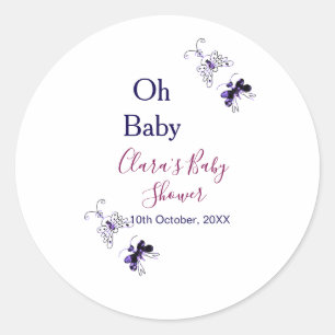 Sticker Rond Baby shower rose papillon violet oh bébé moderne