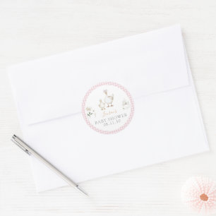 Sticker Rond Baby Shower Rose Rétro Poulet Fou Mignon Gingham