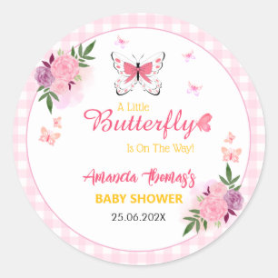 Sticker Rond Baby Shower Rose Un Petit Papillon Est En Route 