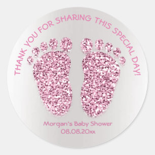 Sticker Rond Baby shower rose violet pieds Favoriser Merci fill