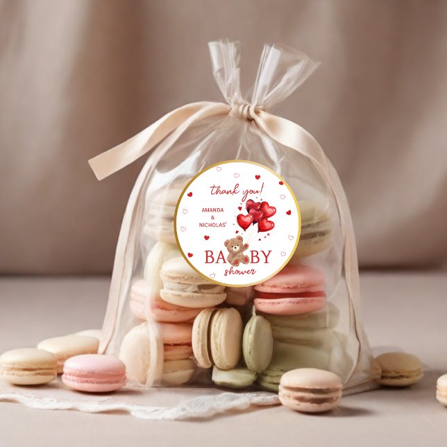 Sticker Rond Baby shower rouge Bear Heart Balloons (Créateur téléchargé)