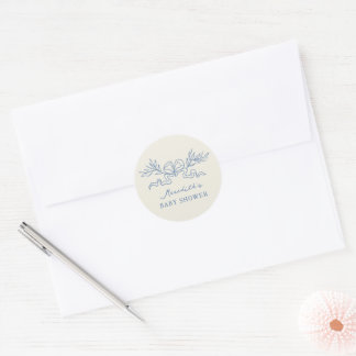 Sticker Rond Baby Shower Ruban Botanique Bleu