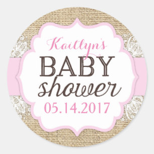Sticker Rond Baby shower Rustique Burlap dentelle rose fille