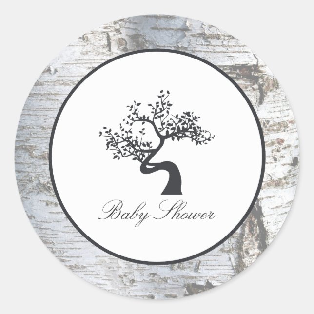 Sticker Rond Baby shower rustique de bouleau argenté (Devant)