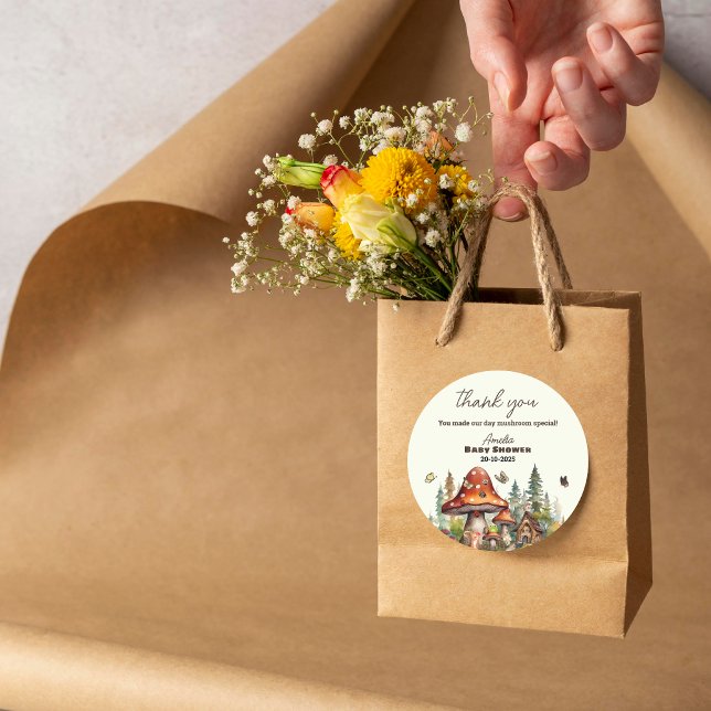 Sticker Rond Baby shower Rustique de champignons de bois Merci (mushroom food, rustic fall tent, forest animal party labels, woodland buffet autumn, fall)