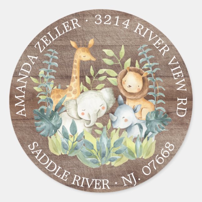 Sticker Rond Baby shower Rustique Jungle Adresse de retour (Devant)