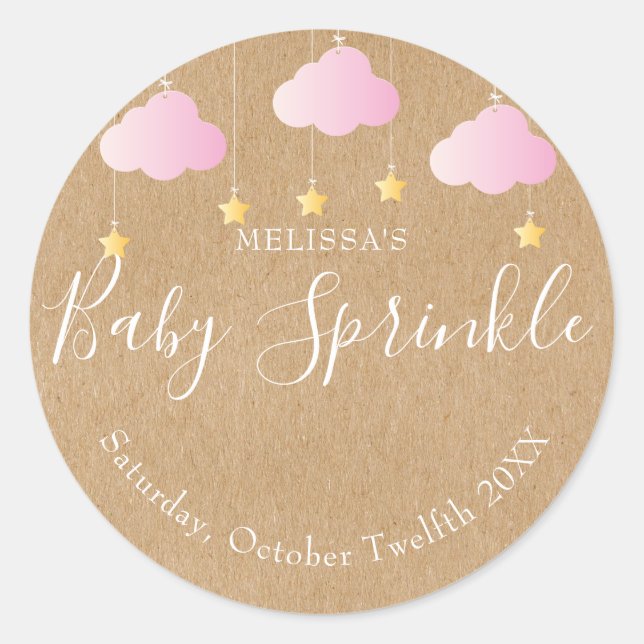 Sticker Rond Baby shower rustique kraft scintillant rose (Devant)