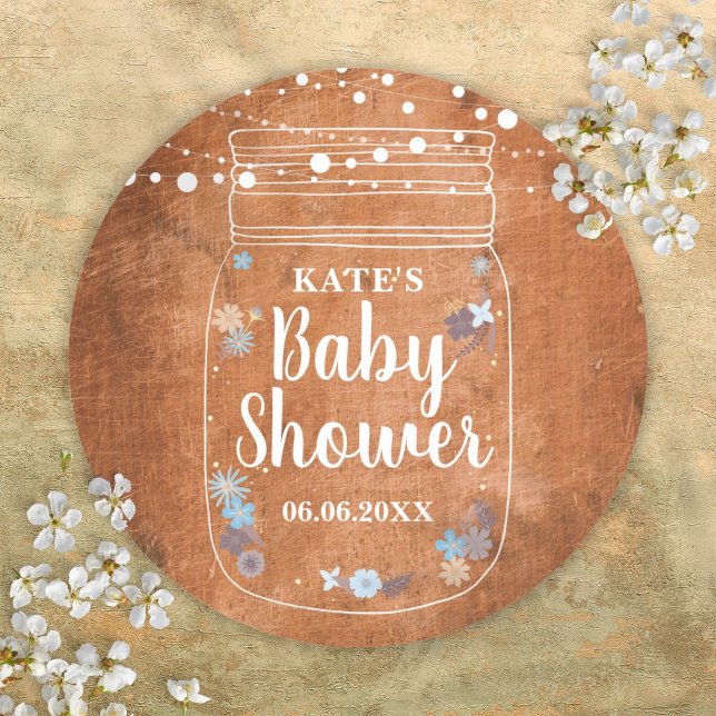 Sticker Rond Baby shower rustique Mason Jar (Rustic Mason Jar String Lights Baby Shower Classic Round Sticker)
