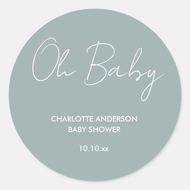 Sticker Rond Baby shower script moderne bleu poussiéreux élégan (Devant)