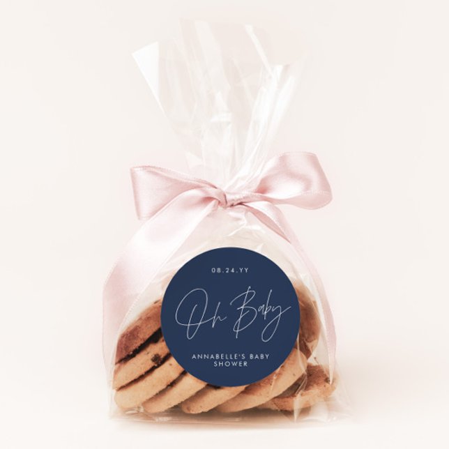 Sticker Rond Baby shower script moderne marine bleu élégant (Créateur téléchargé)