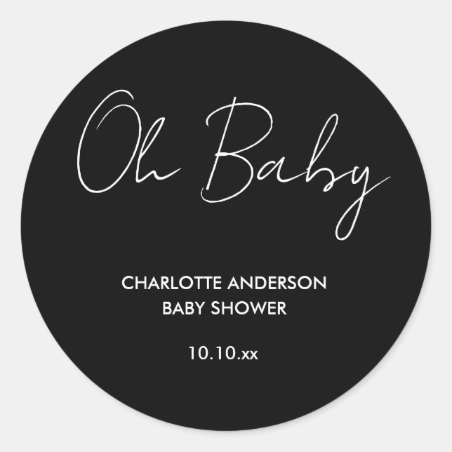 Sticker Rond Baby shower script moderne noir et blanc élégant (Devant)