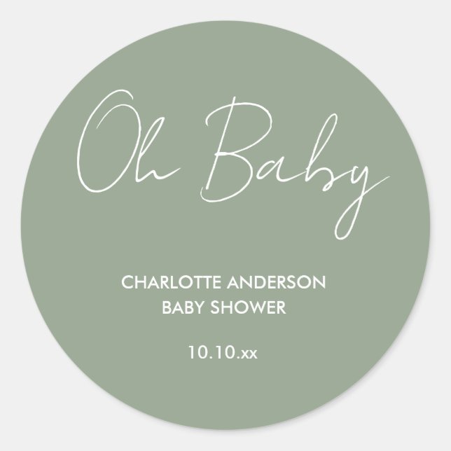 Sticker Rond Baby shower script moderne sauge vert élégant (Devant)