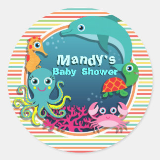 Sticker Rond Baby shower Sea Life, Bright Rainbow Stripes