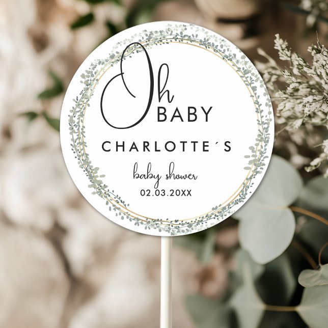 Sticker Rond Baby shower simple à couronne de fleurs (Simple, flower wreath Baby Shower Classic Custom Round Sticker with your Name and Date.)