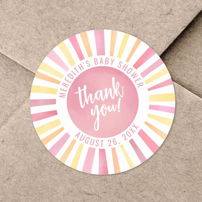 Sticker Rond Baby shower solaire rose (Pink Sun Baby Shower Classic Round Sticker)
