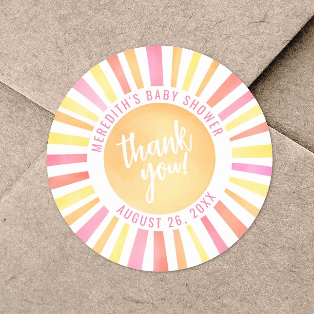 Sticker Rond Baby shower soleil rose vif (Sunshine Bright Pink Sun Baby Shower Classic Round Sticker)