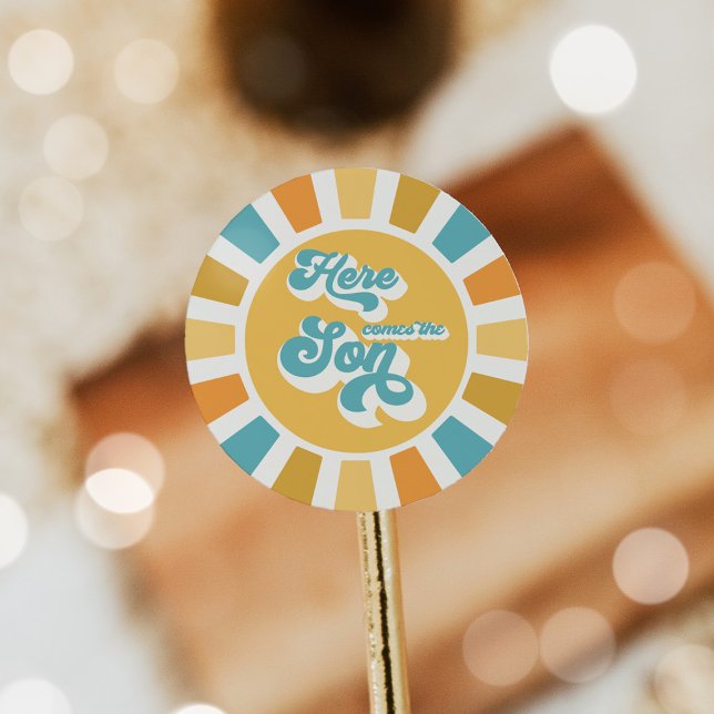 Sticker Rond Baby shower Soleil Venez Ici Le Son Jaune Rayons (Créateur téléchargé)
