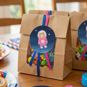 Sticker Rond Baby shower spatial de l'ours de l'astronaute rose