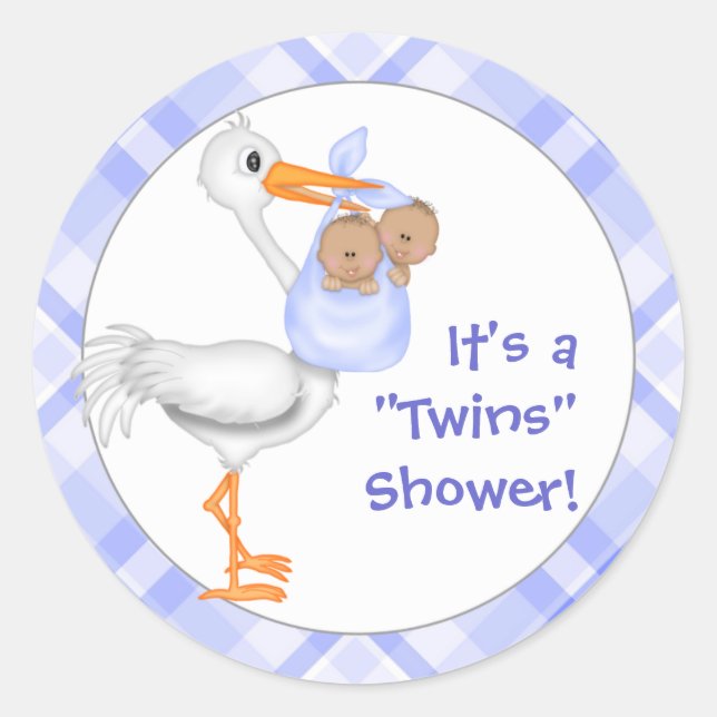 Sticker Rond Baby shower Stork & Twin Boys (peau foncée) (Devant)