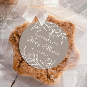 Sticker Rond Baby-Shower Taupe Floral Esquisse