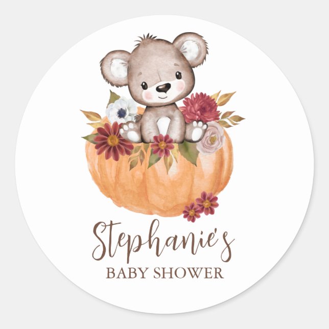 Sticker Rond Baby shower Teddy Bear Citrouille Automne (Devant)