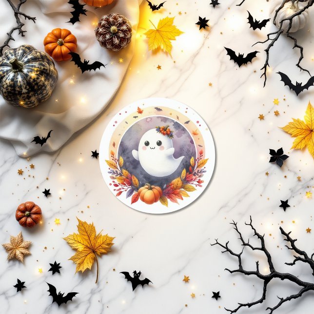 Sticker Rond Baby Shower Thème Fantôme & Citrouille de Hallowee (Halloween Ghost & Pumpkin Design Baby Shower Classic Round Sticker)