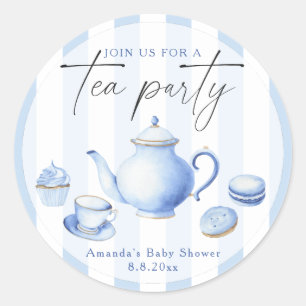 Sticker Rond Baby shower thème Party à thé bleu aquarelle