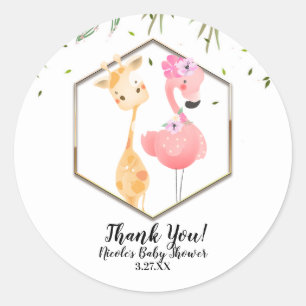 Sticker Rond Baby Shower Tropical Aquarelle Flamant Rose & Gira