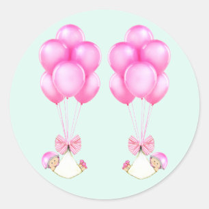 Sticker Rond Baby shower Twins Girls Pink Balloons