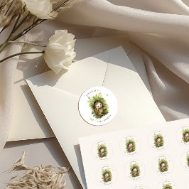 Sticker Rond Baby shower végétation hérisson endormi aquarelle