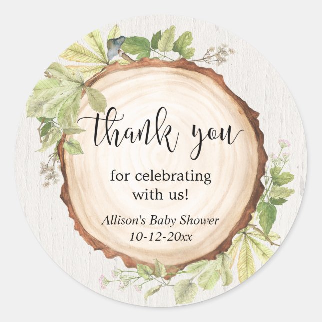 Sticker Rond Baby shower verdure rustique en forêt (Devant)